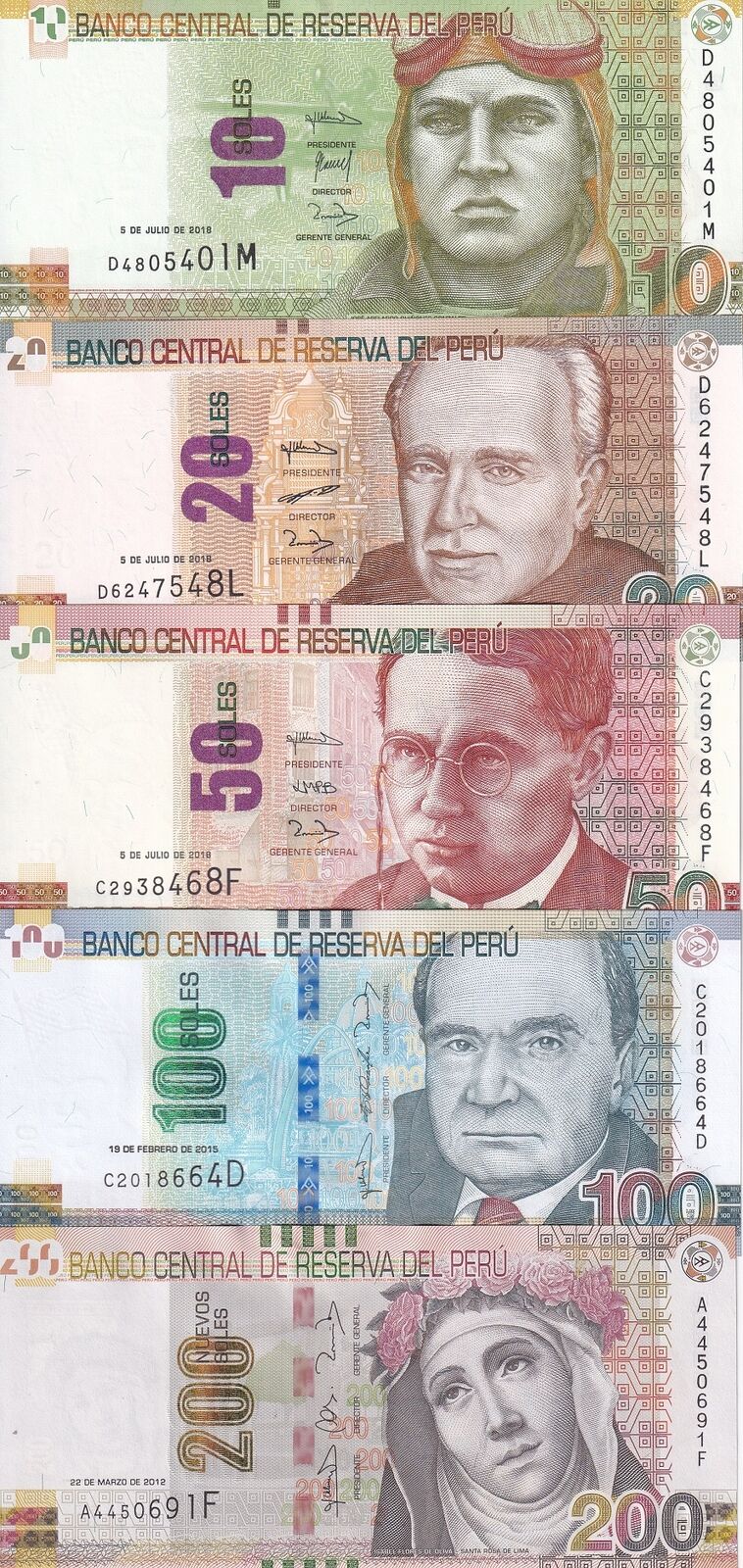 Peru Set 5 UNC 10 20 50 100 200 Soles 2012/2017/2018 P 190 191 192 193 194