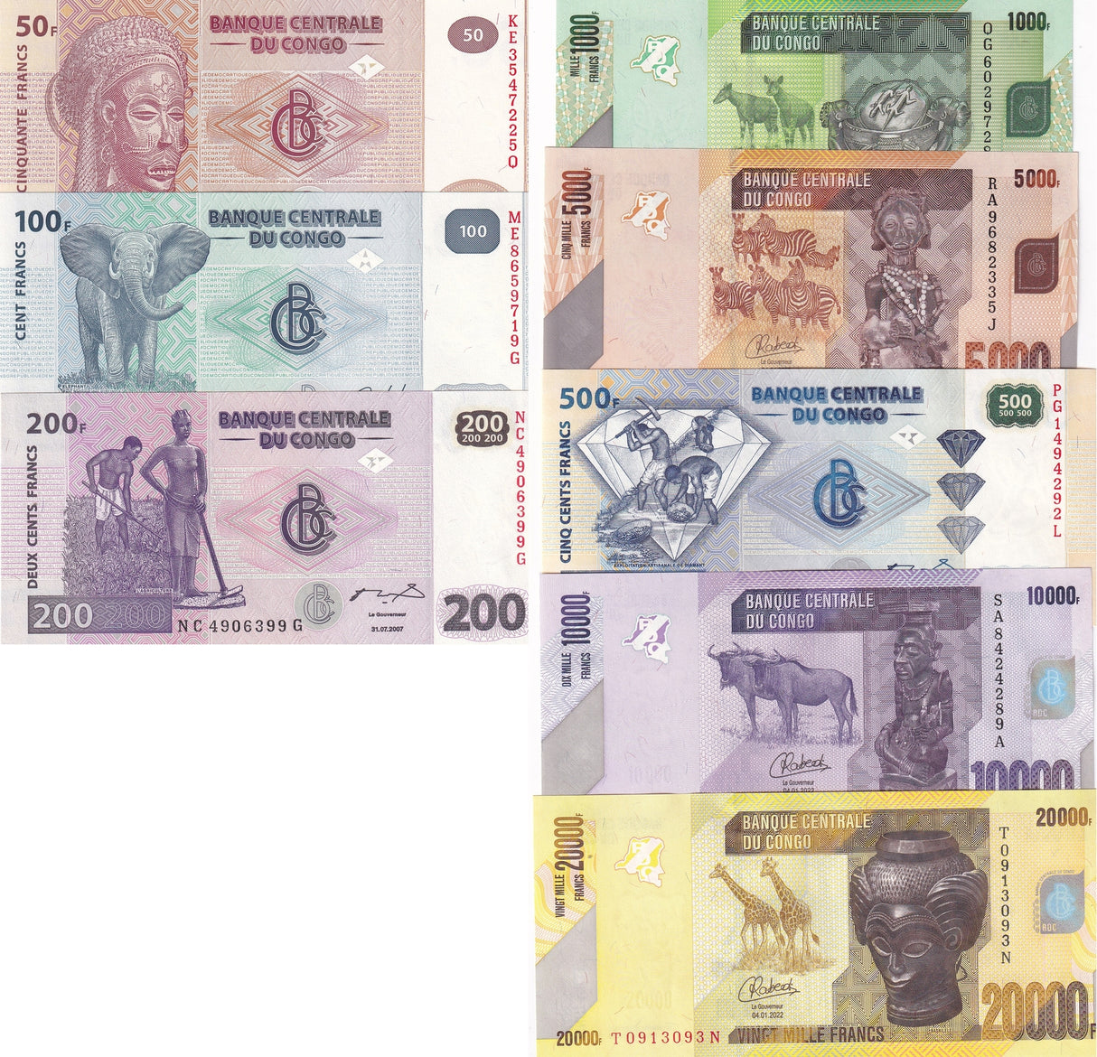 Congo Set 8 Pcs 50 100 200 500 - 10000 20000 FRANCS 2002-2022 P 96 - 104d UNC