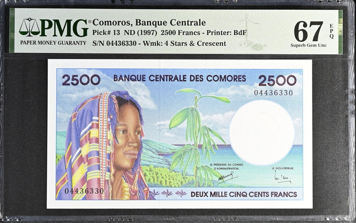 Comoros 2500 Francs ND 1997 P 13 Superb Gem UNC PMG 67 EPQ