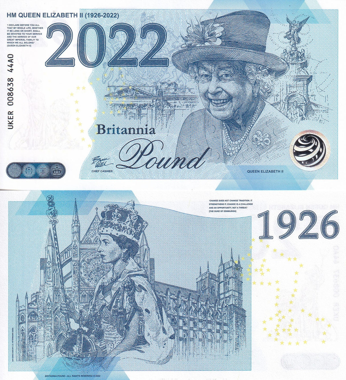 Great Britain 1926-2022 HM Queen Elizabet Test Note Memory Britannia Comm. 70th
