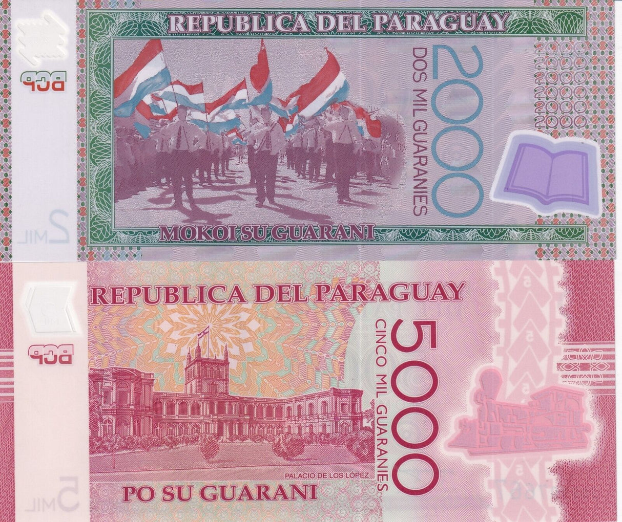 Paraguay Set 2 PCS 2000 5000 Guaranies Random Date P 228 P 234 UNC