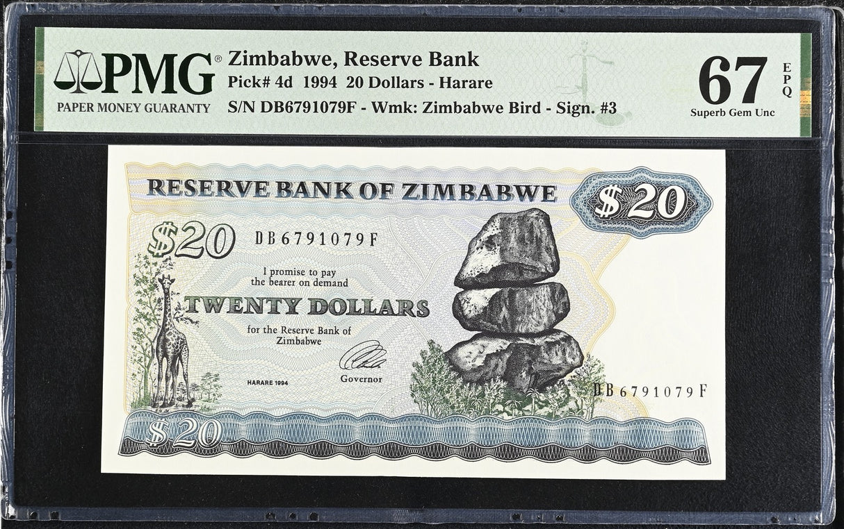 Zimbabwe 20 Dollars 1994 P 4 d Superb Gem UNC PMG 67 EPQ