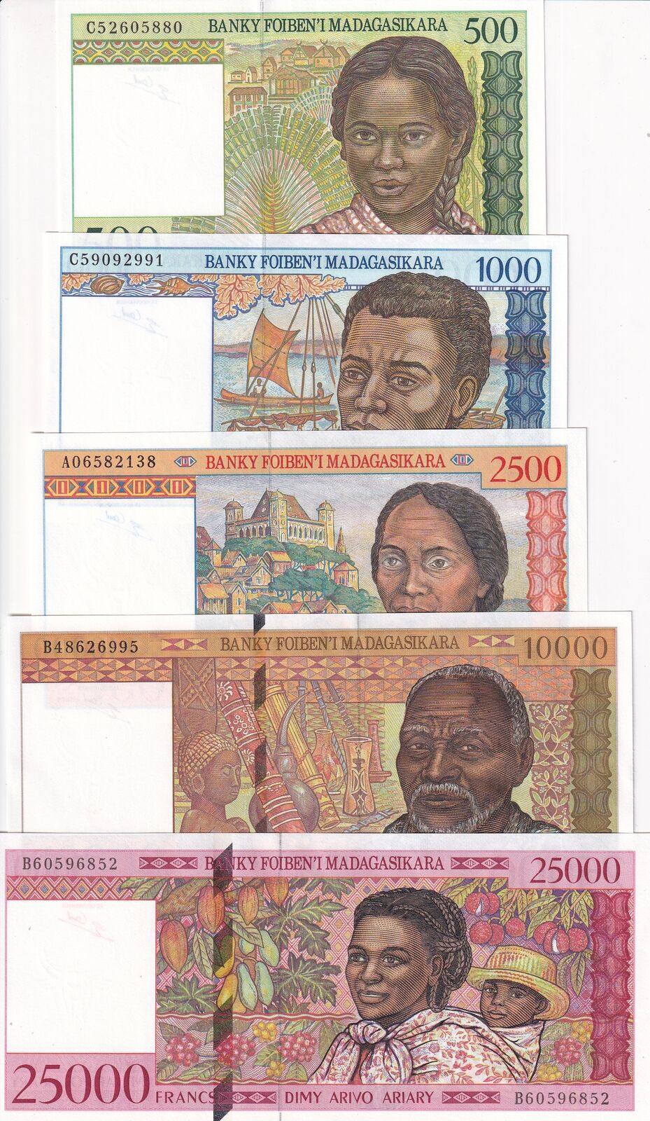 Madagascar set 5 UNC 500 - 2500 10000 25000 Ariary Random Year P 75 76 79 81 82