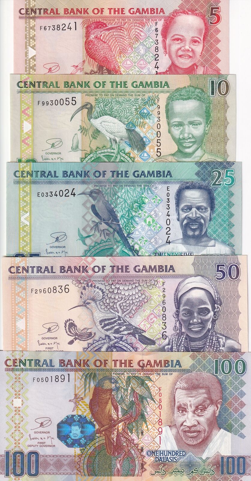 Gambia Set 5 UNC 5 10 20 50 100 Dalasis ND 2006-2018 P 25 26 27 28 29