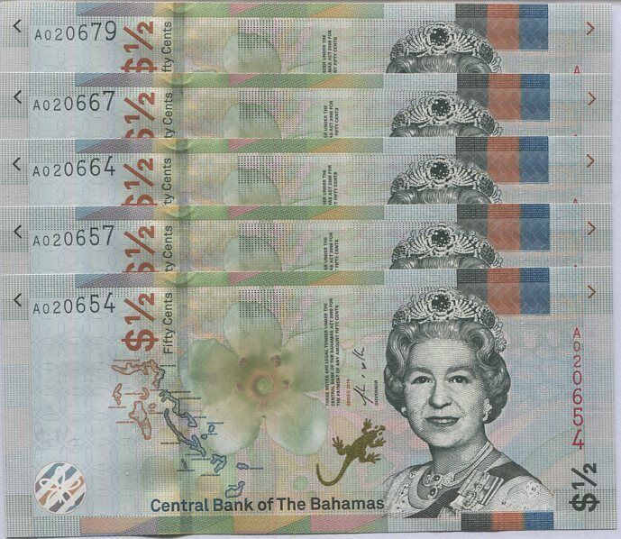 Bahamas 1/2 Dollar 2019 P 76Aa UNC LOT 5 PCS