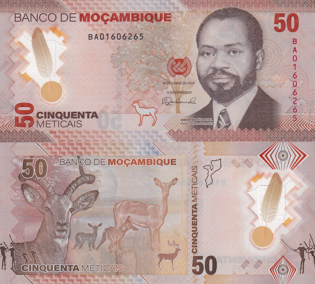 Mozambique 50 Meticais 2024 Polymer P 156 Kudu Antelopes UNC