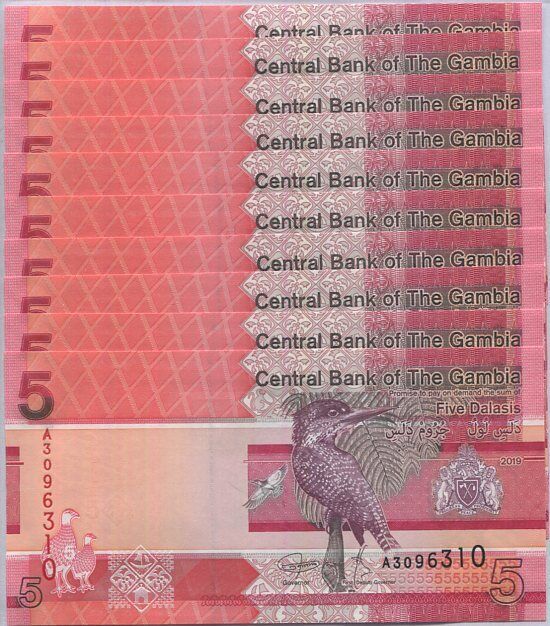 Gambia 5 Dalasis 2019 P 37 UNC LOT 10 PCS