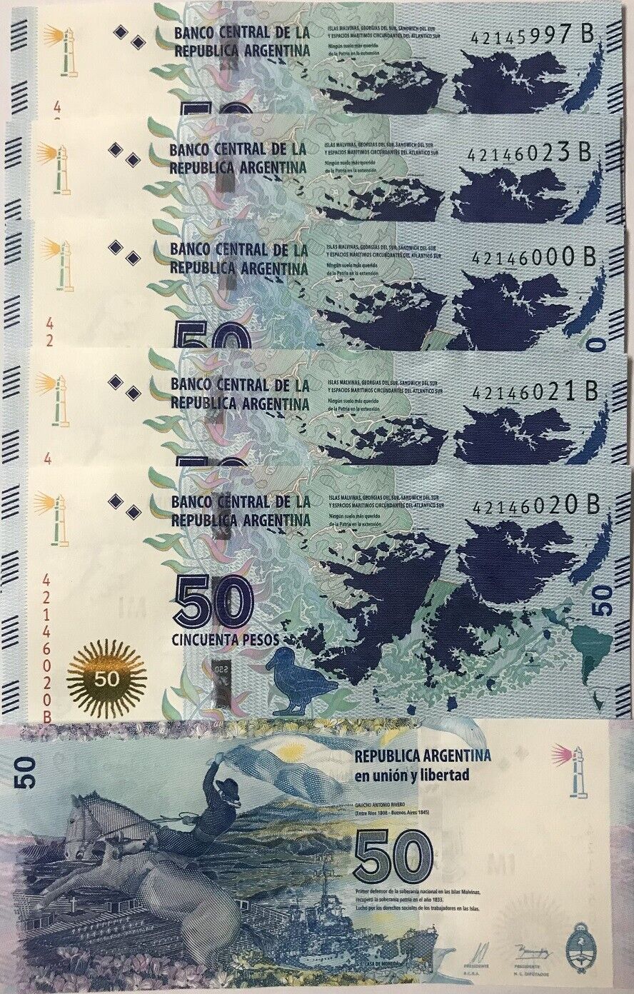 Argentina 50 Pesos 2015 P 362 UNC LOT 5 PCS