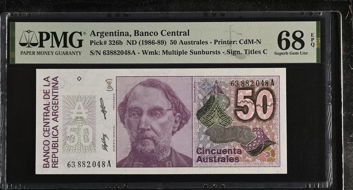 Argentina 50 Pesos ND 1986 -1989 P 326 b Superb Gem UNC PMG 68 EPQ TOP POP