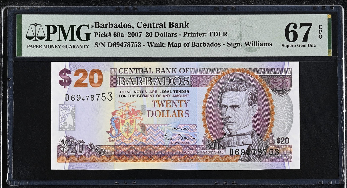 Barbados 20 Dollars 2007 P 69 a Superb Gem UNC PMG 67 EPQ