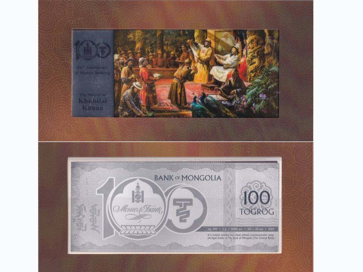 Mongolia 100 Tugrik 2024 Commemorative Khubilai Khaan 5g Silver Note with Folder