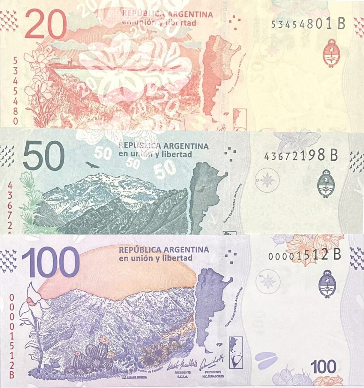 Argentina Set 3 Pcs 20 50 100 Pesos 2017 2018 2019 P 361 363 363Aa UNC