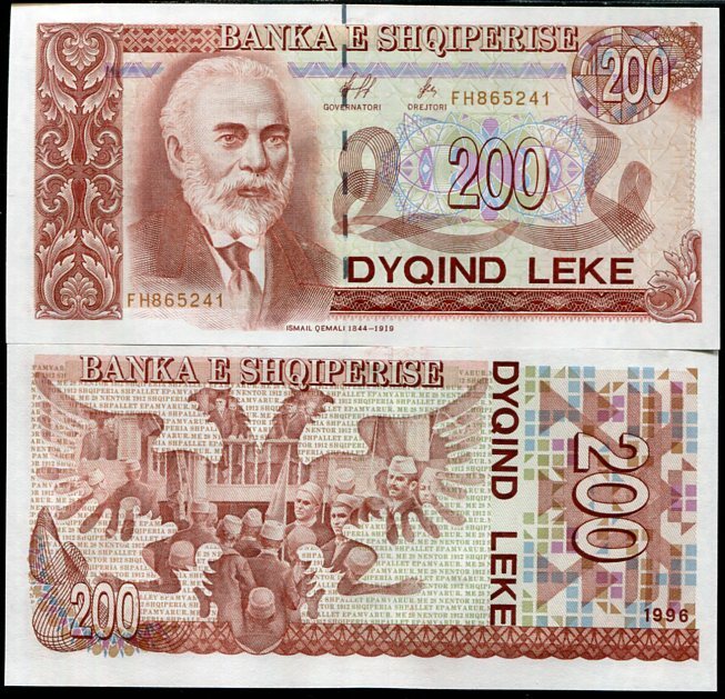Albania 200 Leke 1996 P 59 AUnc ,Ismail Qemali , Double headed eagle