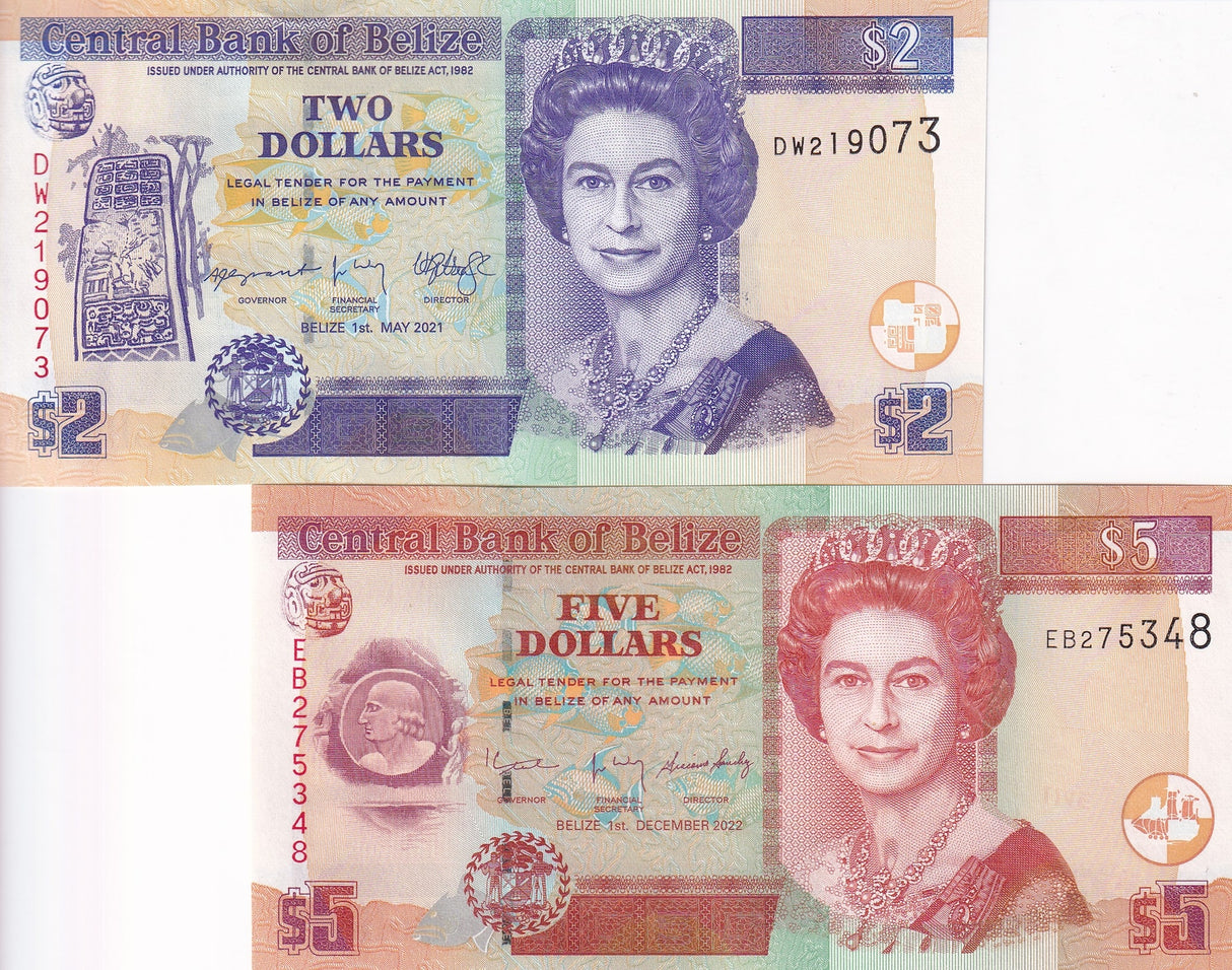 Belize Set 2 Pcs 2 5 Dollars 2020 2022 P 66 67 NEW Date & Sign QEII UNC