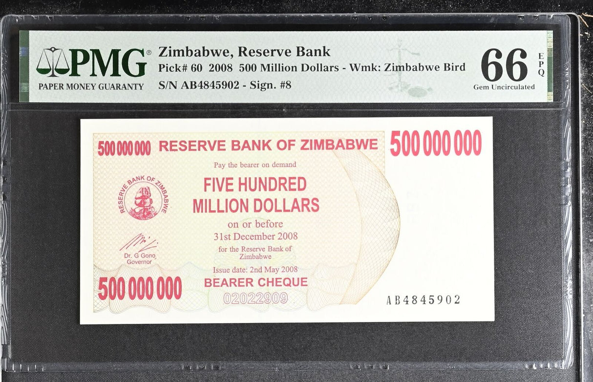 Zimbabwe 500 Million Dollars 2008 P 60 Gem UNC PMG 66 EPQ