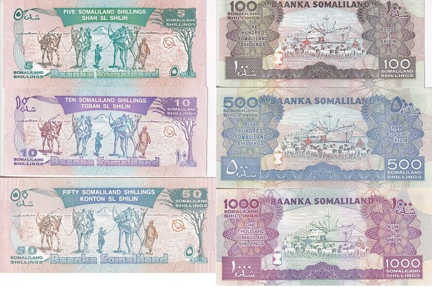 Somaliland Set 6 Pcs 5 10 50 100 500 1000 Shillings 2002-2014 P 1 2 5-20 UNC