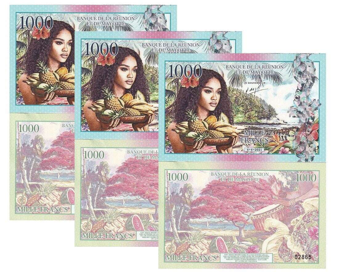 Reunion & Mayotte 1000 Francs 2021 Private Fantasy Polymer LOT 3 PCS