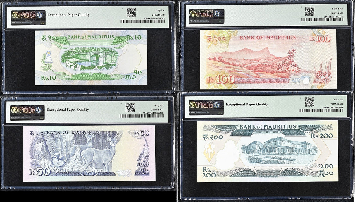Mauritius SET 4 10 50 100 200 Rupees ND 1985 P 35 37 38 39 Gem UNC PMG 66 EPQ 64