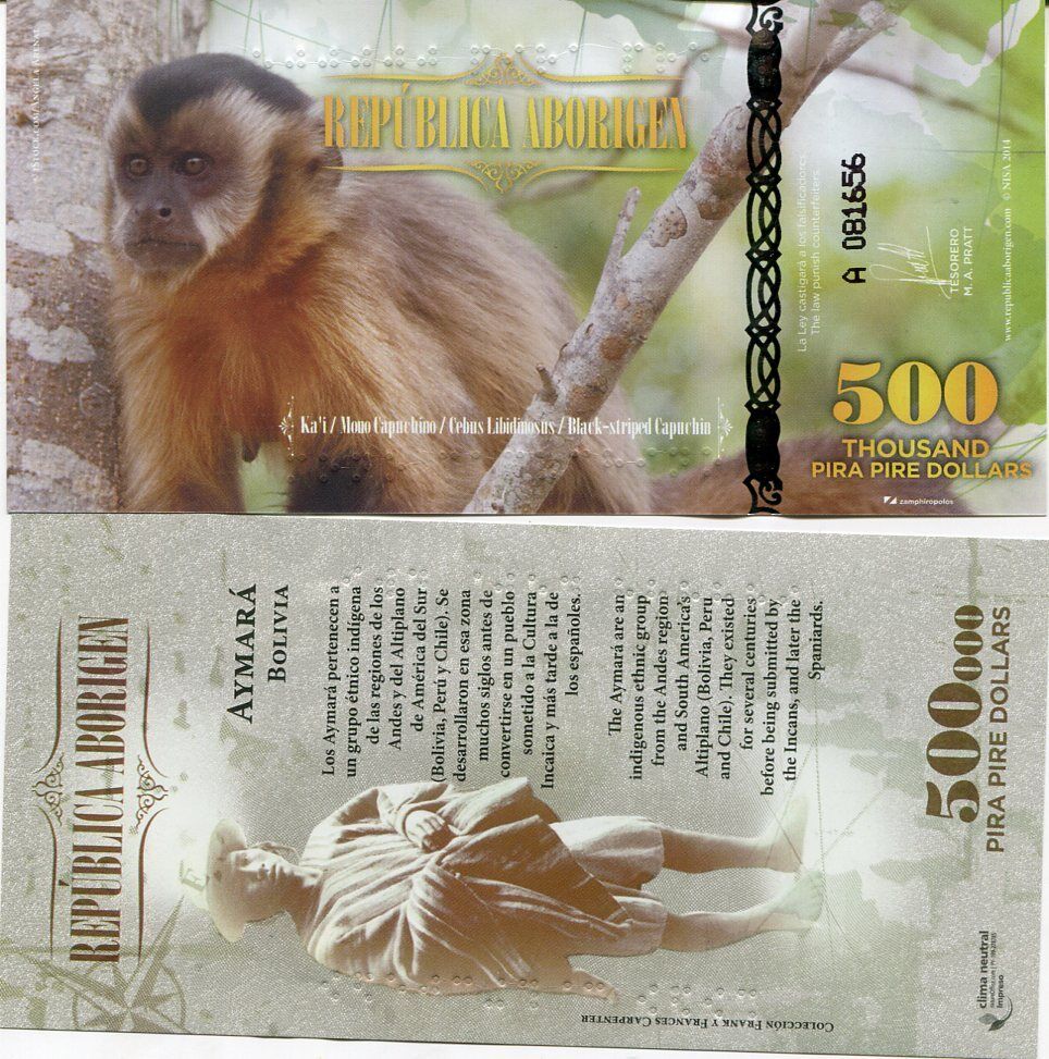 Republica Aborigen 500 Pira Pire Dollars 2014 MONKEY Polymer UNC