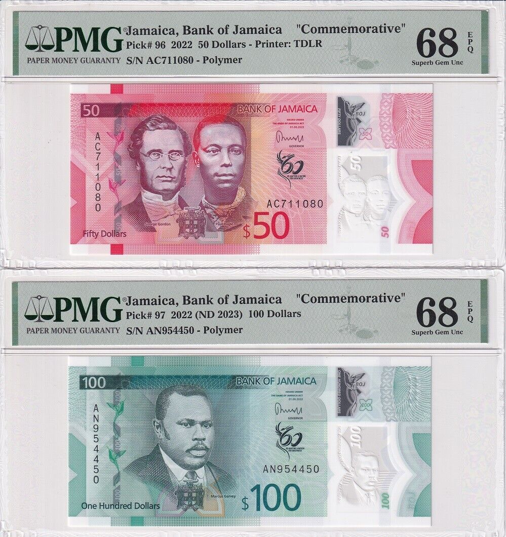 Jamaica Set 2; 50 10 Dollars 2022 P 96 P 97 Superb Gem UNC PMG 68 EPQ