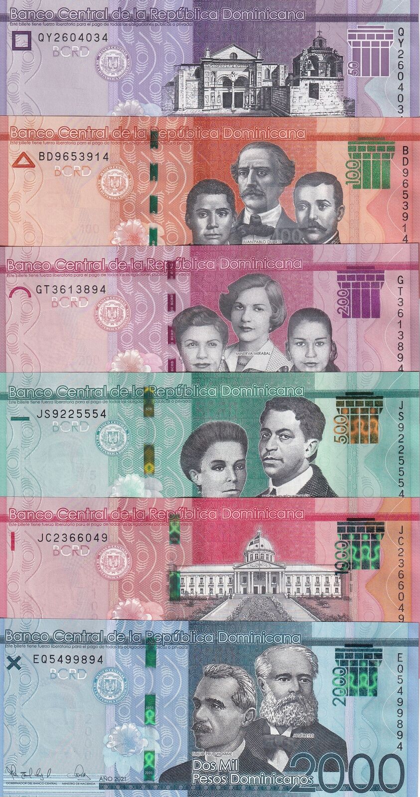 Dominican Republic Set 6 PCS 50 100 - 2000 Pesos 2021 2023 P 189 190 - P 194 UNC