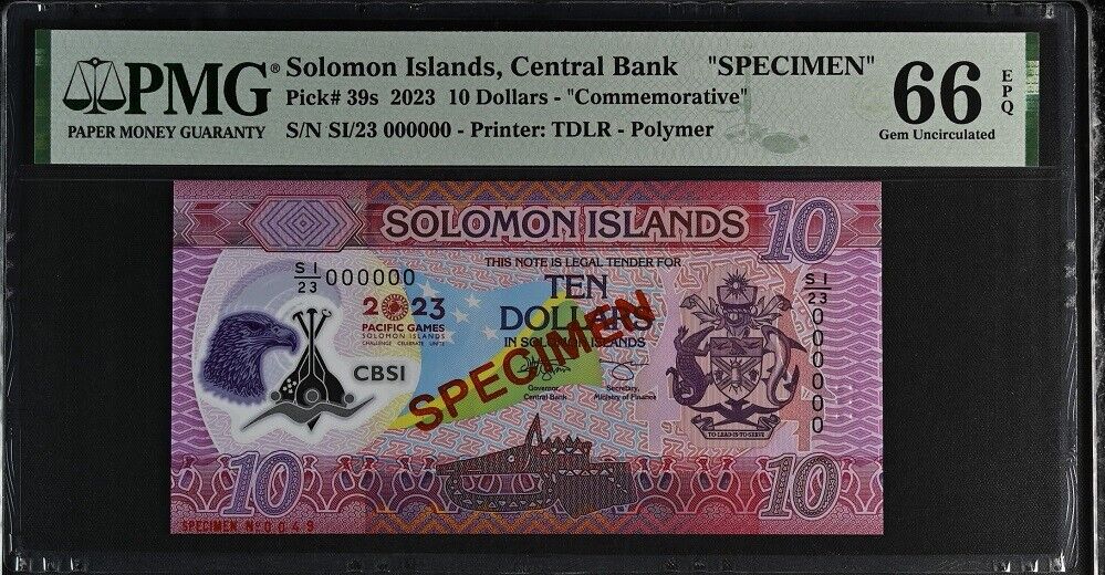 Solomon Islands 10 Dollars ND 2023 P 39 a Comm. SPECIMEN Gem UNC PMG 66 EPQ