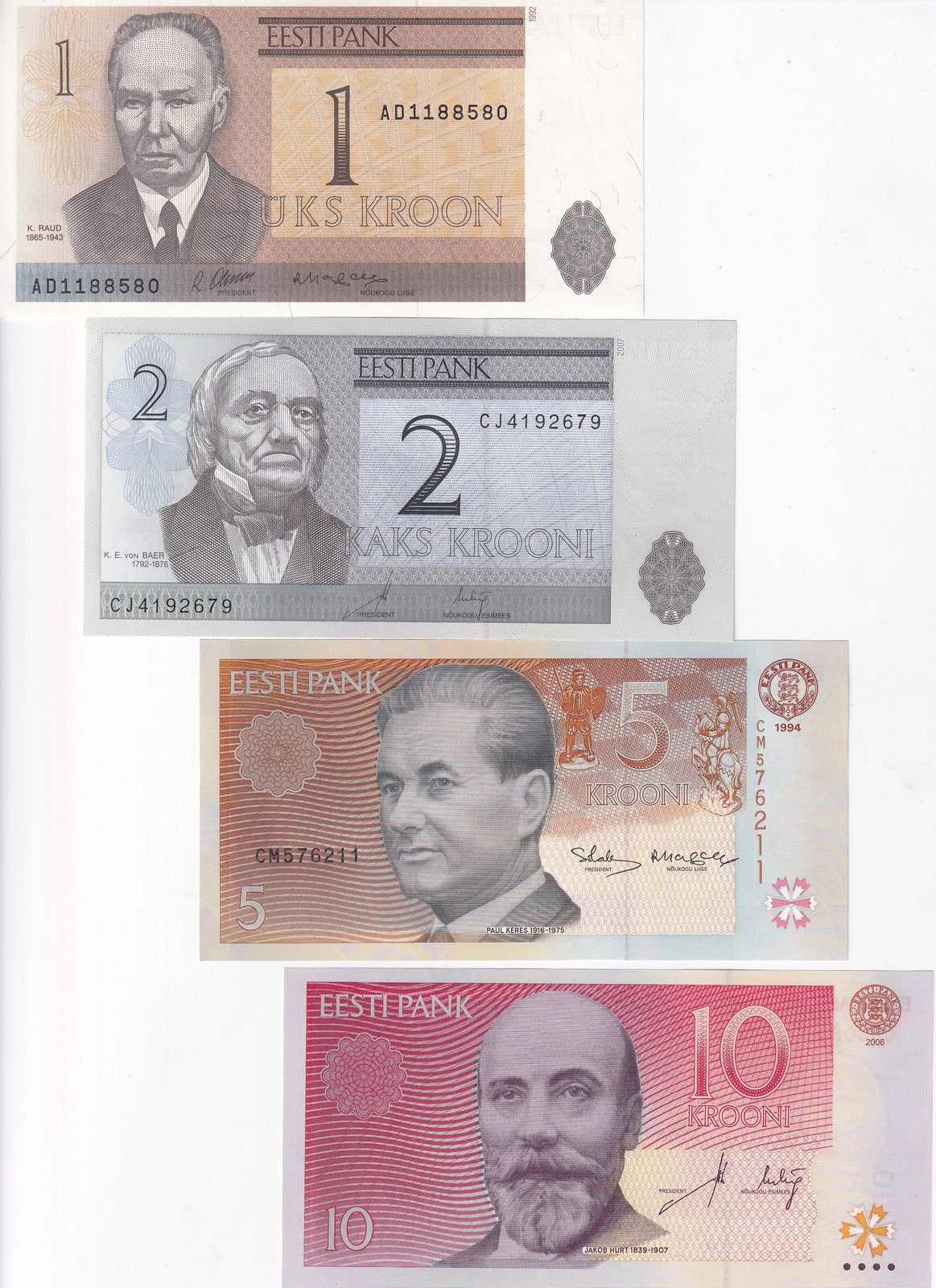 Estonia Set 4 Pcs 1 2 5 10 Krooni 1992-2006 P 69 71 85 86 UNC