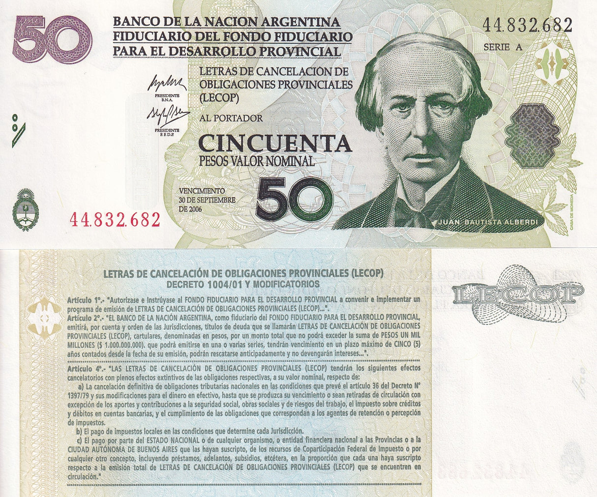 Argentina 50 Pesos 2006 Emergency Note LECOP P NL UNC