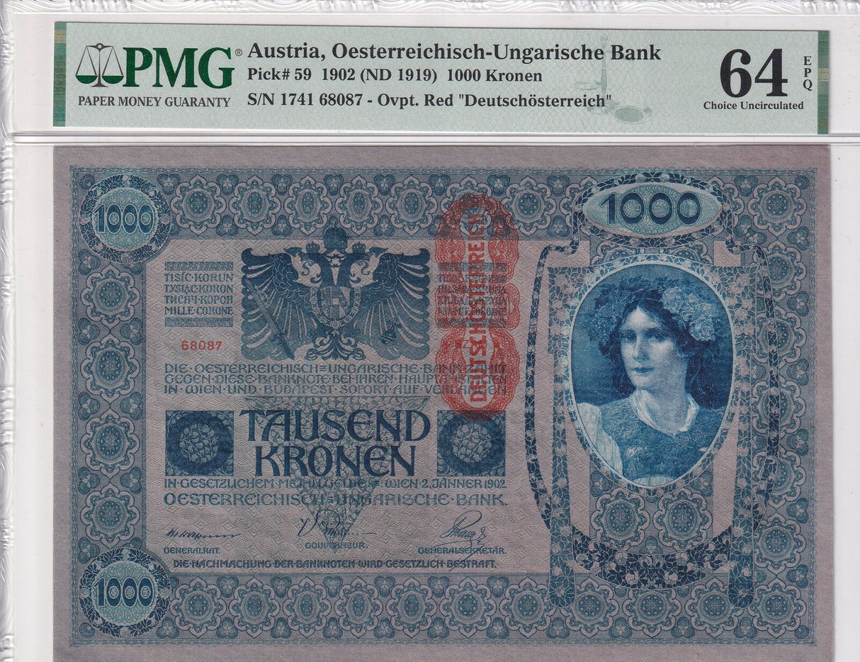 AUSTRIA 1000 Kronen 1902 ND 1919 P 59 Choice UNC PMG 64 EPQ