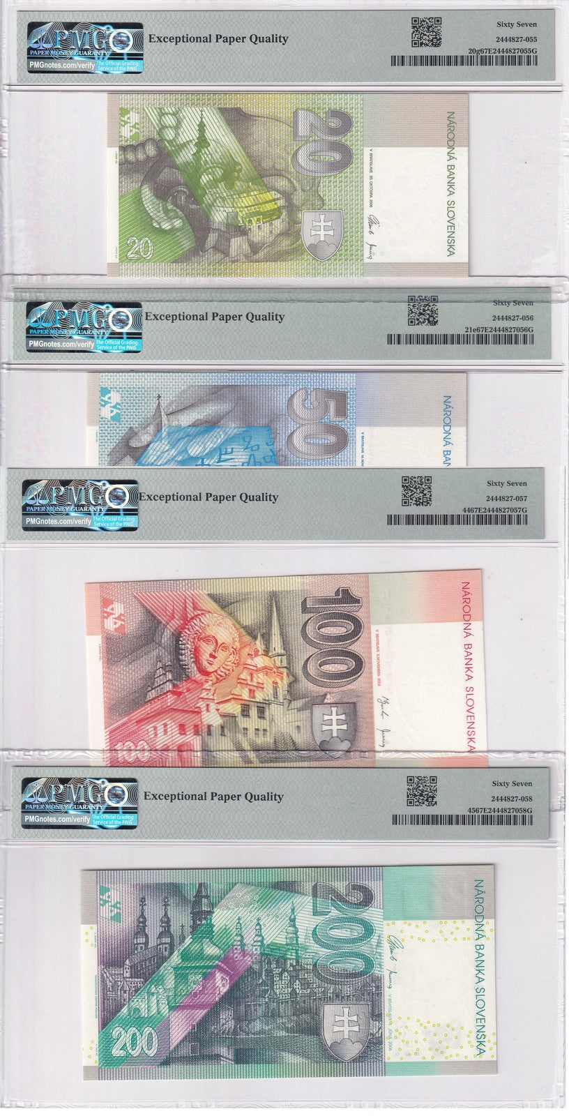 Slovakia Set 4; 20-100 200 Korun 2004-2006 P 20 21 P 44 45 Superb UNC PMG 67 EPQ