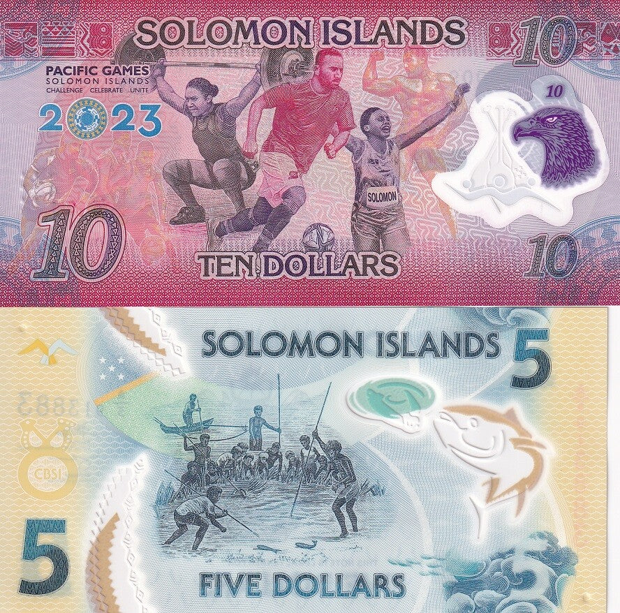 Solomon Islands Set 2 PCS 5 10 Dollars 2019 2023 Polymer P 39 38 UNC