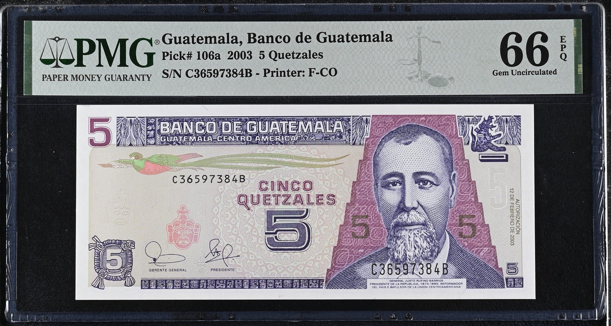Guatemala 5 Quetzales 2003 P 106 a Gem UNC PMG 66 EPQ