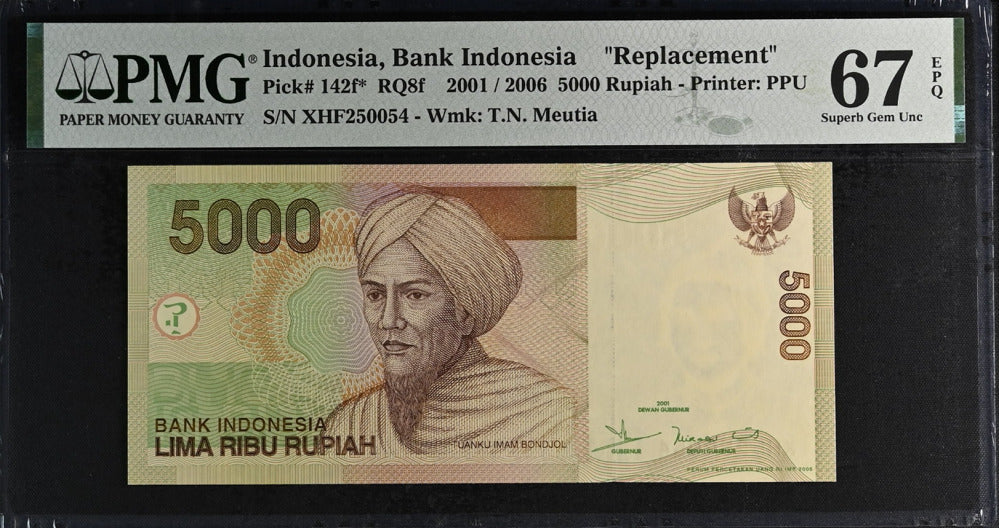 Indonesia 5000 Rupiah 2001/2006 P 142 f* Replacement Superb Gem UNC PMG 67 EPQ