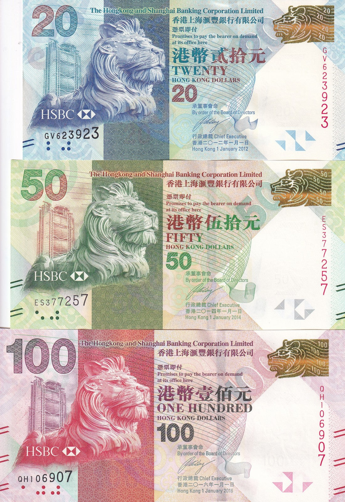 Hong Kong Set 3 UNC 20 50 100 Dollars Random Years P 212 213 214 HSBC Lion