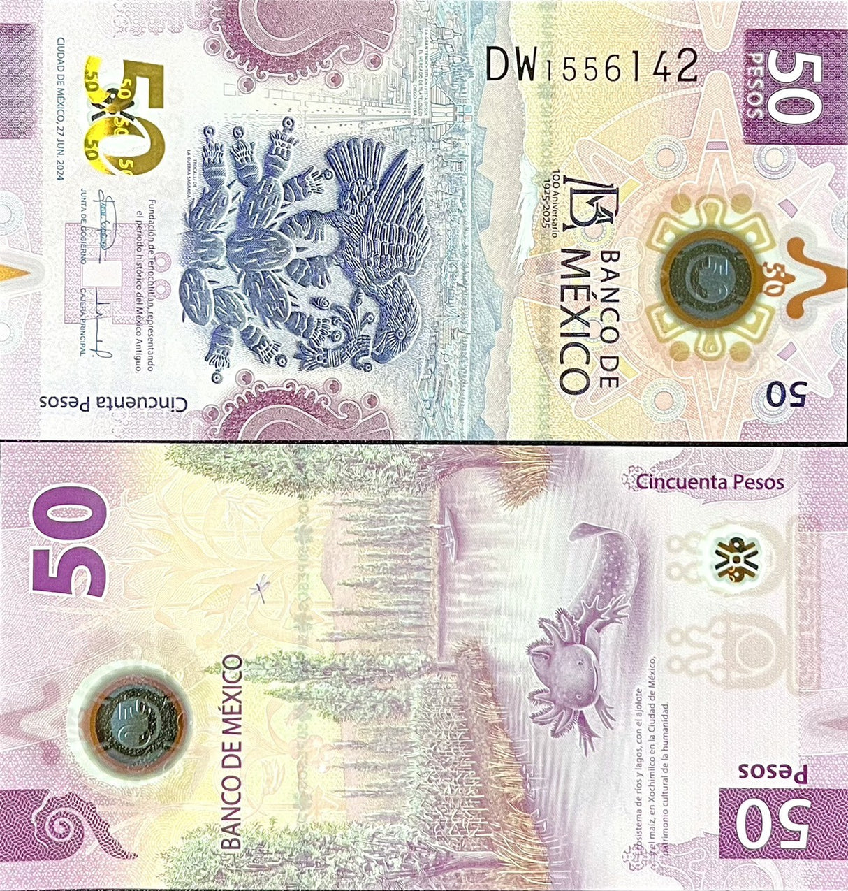 Mexico 50 Pesos Commemorative OVPT 1925-2025 100th P 138 UNC