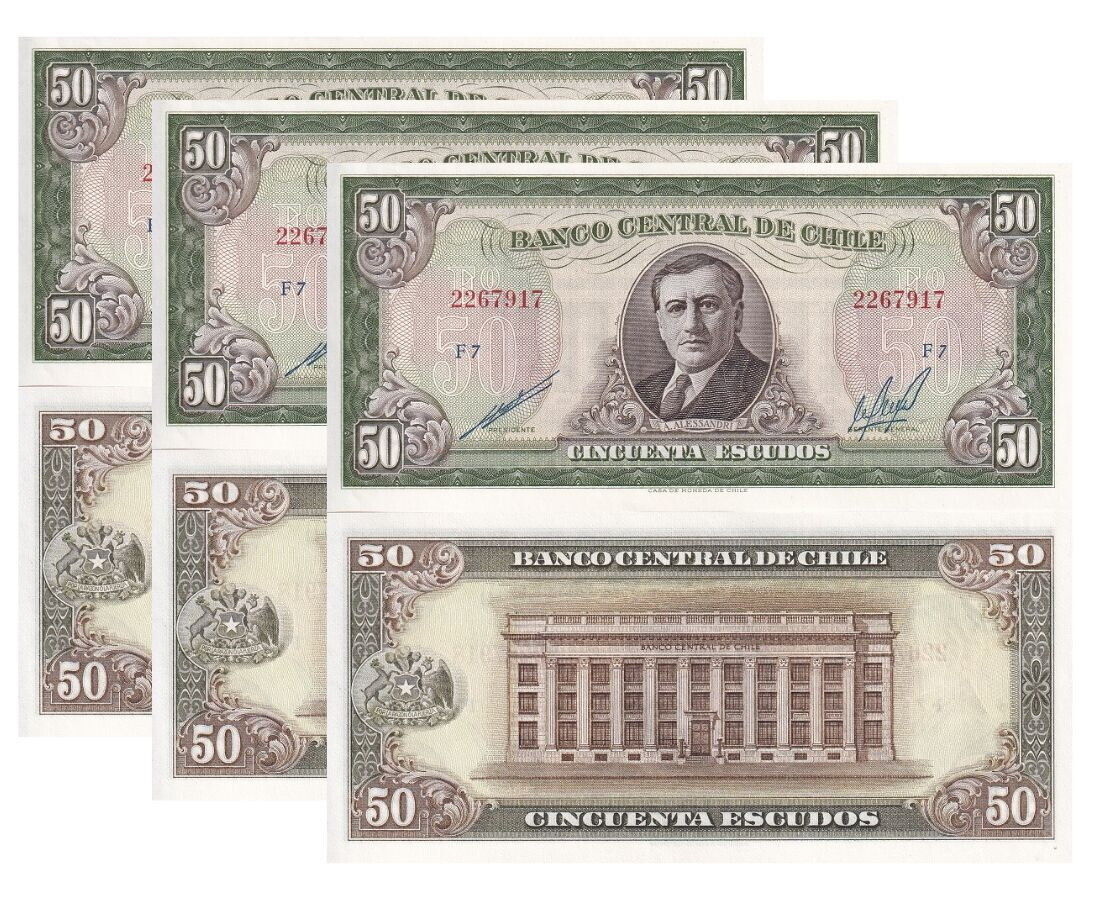 Chile 50 Escudos ND 1962-75 P 140 b UNC LOT 3 PCS