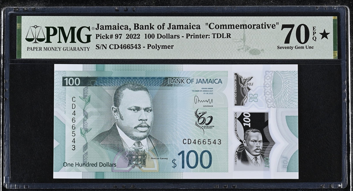 Jamaica 100 Dollars 2022 P 97 Comm. Superb Gem UNC PMG 70 EPQ Extra Star TOP POP