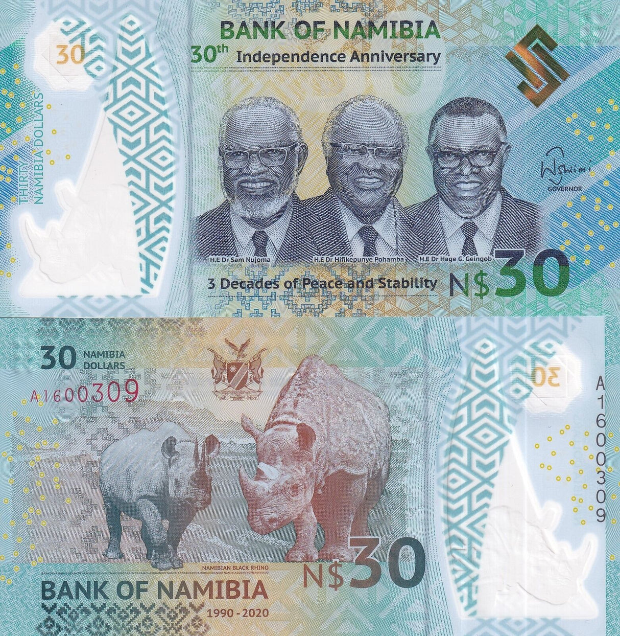 Namibia SET 2 UNC 30 60 Dollars Commemorative 2020 2025 P 18 19 Polymer