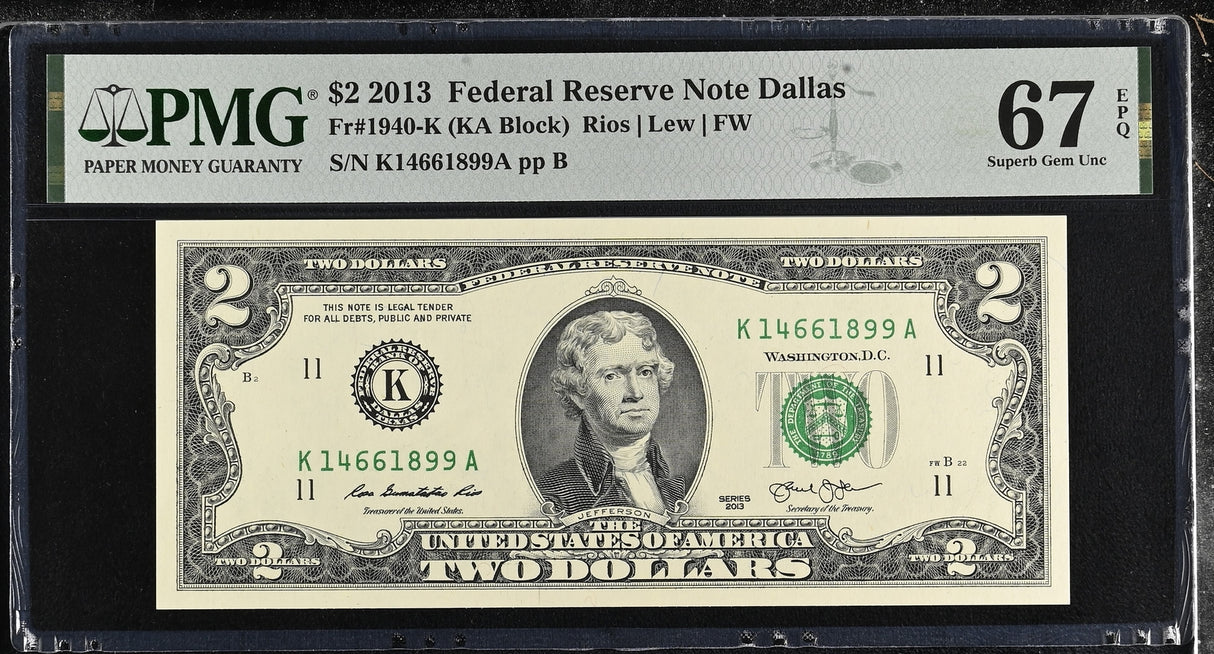 United States 2 Dollars USA 2013 P 538 K Dallas Superb Gem UNC PMG 67 EPQ