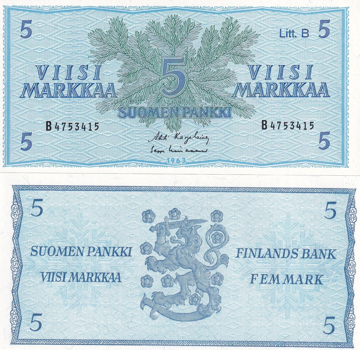 Finland 5 Markka 1963 P 106A Litt. B UNC