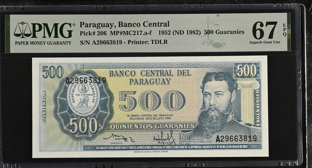 Paraguay 500 Guaranies 1952 ND 1982 P 206 Superb Gem UNC PMG 67 EPQ