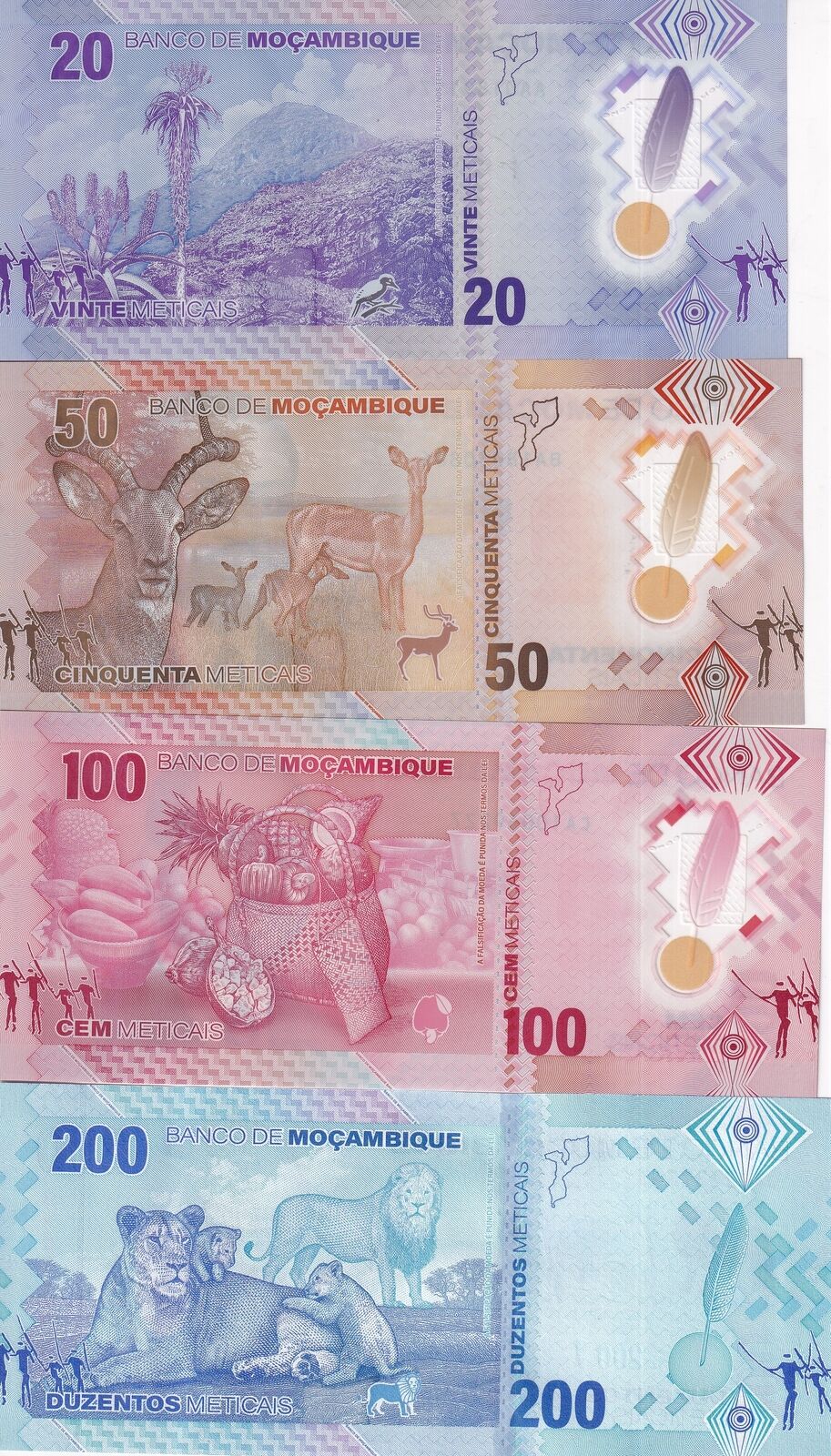 Mozambique set 4 UNC (20 50 100 Polymer) 200 Meticais 2024 P 155 - 158