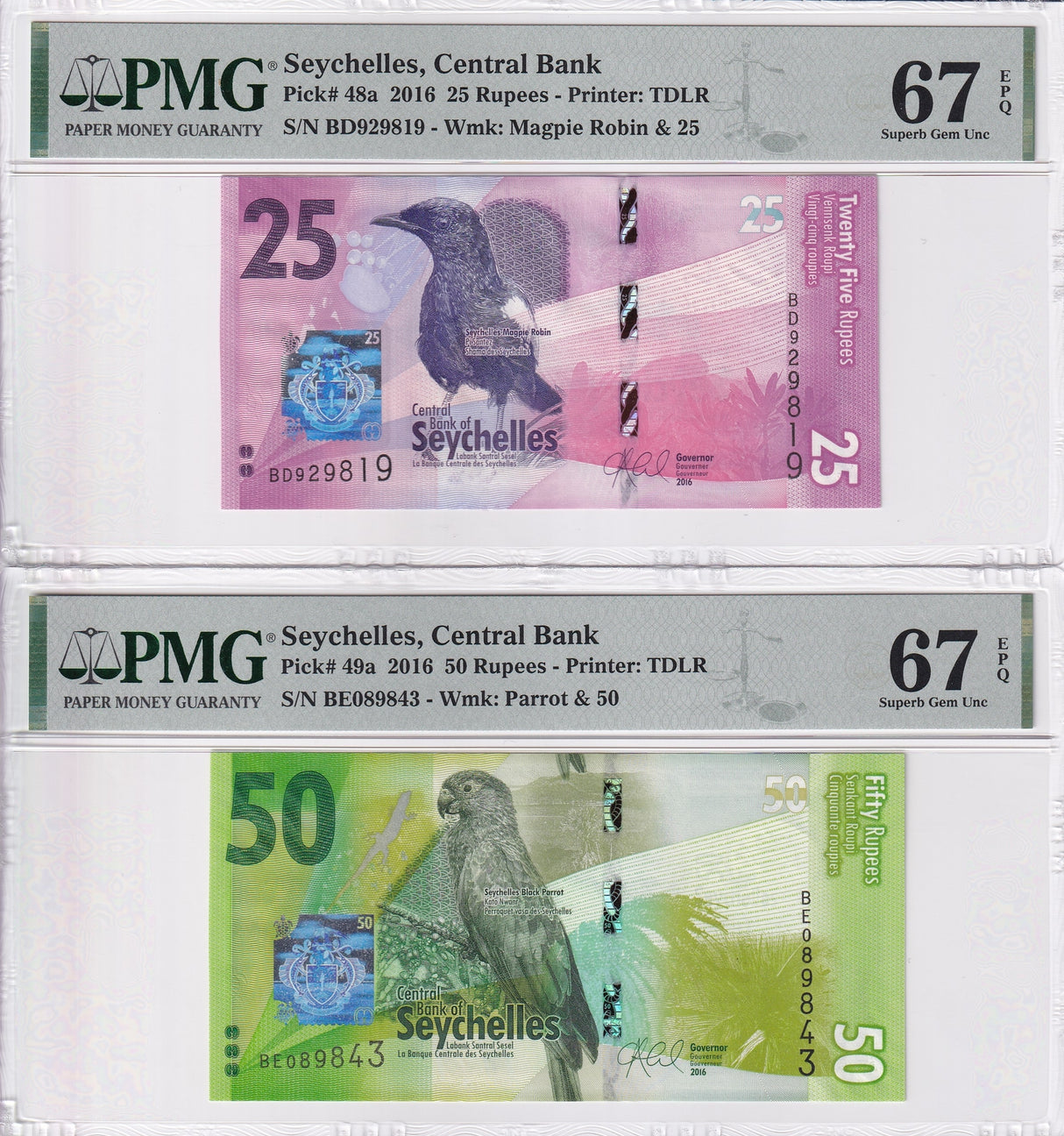 Seychelles Set 2; 25 50 Rupees 2016 P 48 P 49 Superb Gem UNC PMG 67 EPQ