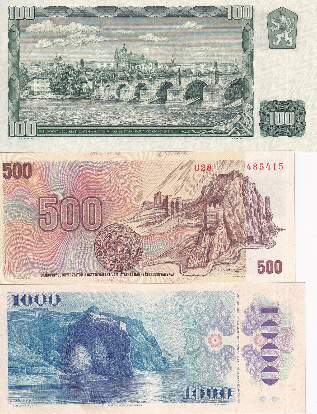 Czech Set 3 UNC 100 500 1000 Korun 1961-1985 (1993) P 1 P 2 P 3 Stamp