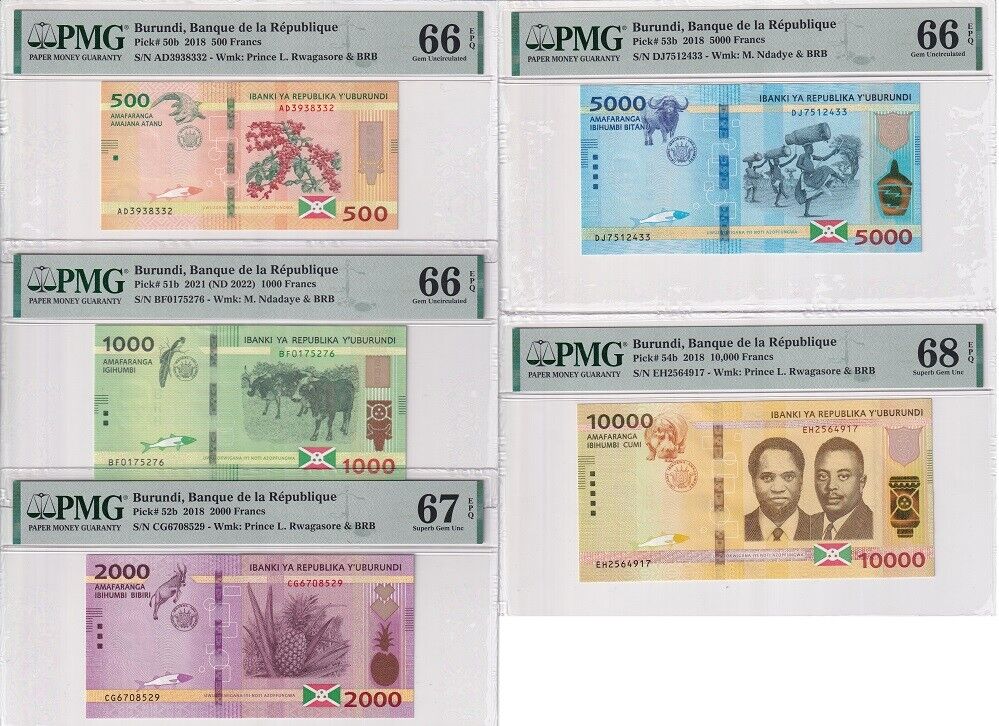 Burundi Set 5; 500 1000 200-10K Francs 2018-21 P 54 b Superb UNC PMG 66-68 EPQ