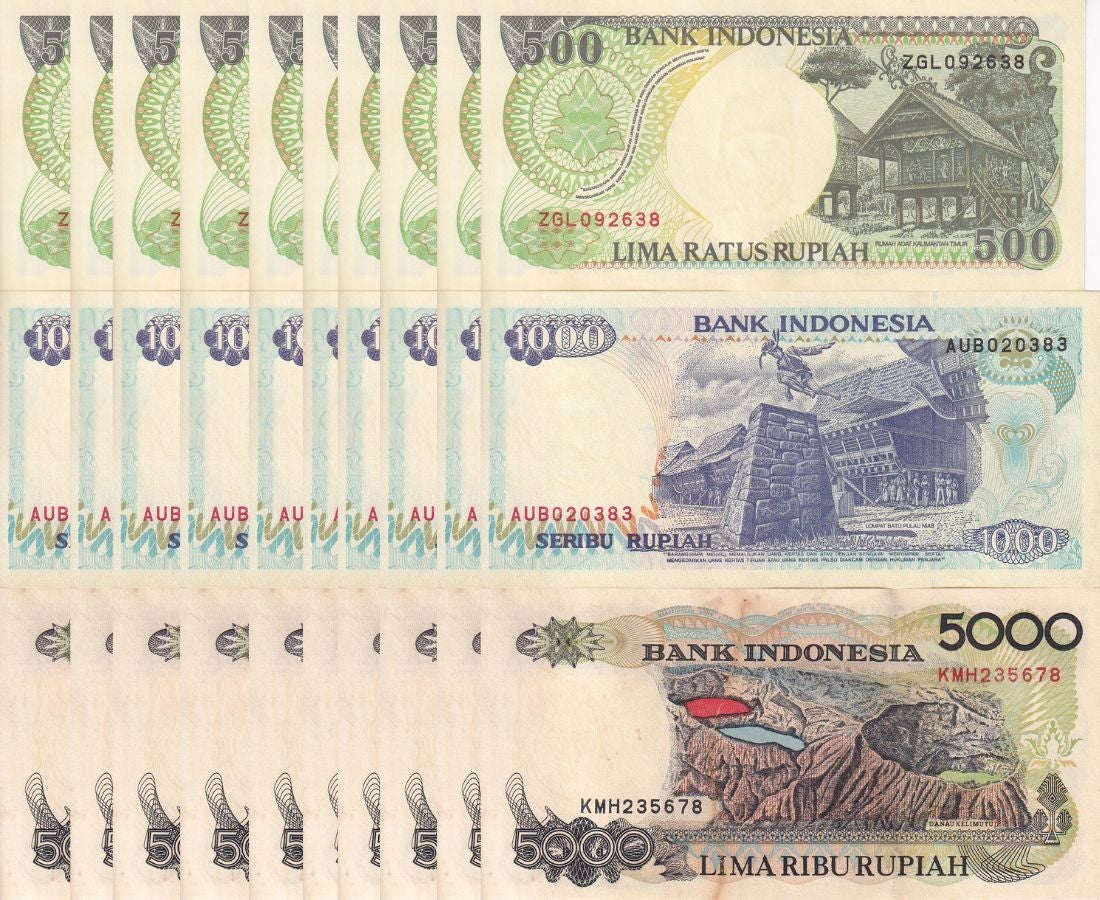 Indonesia Set 3 x Lot 10 =30 UNC 500 1000 5000 Rupiah Ramdom Year P 128 129 130