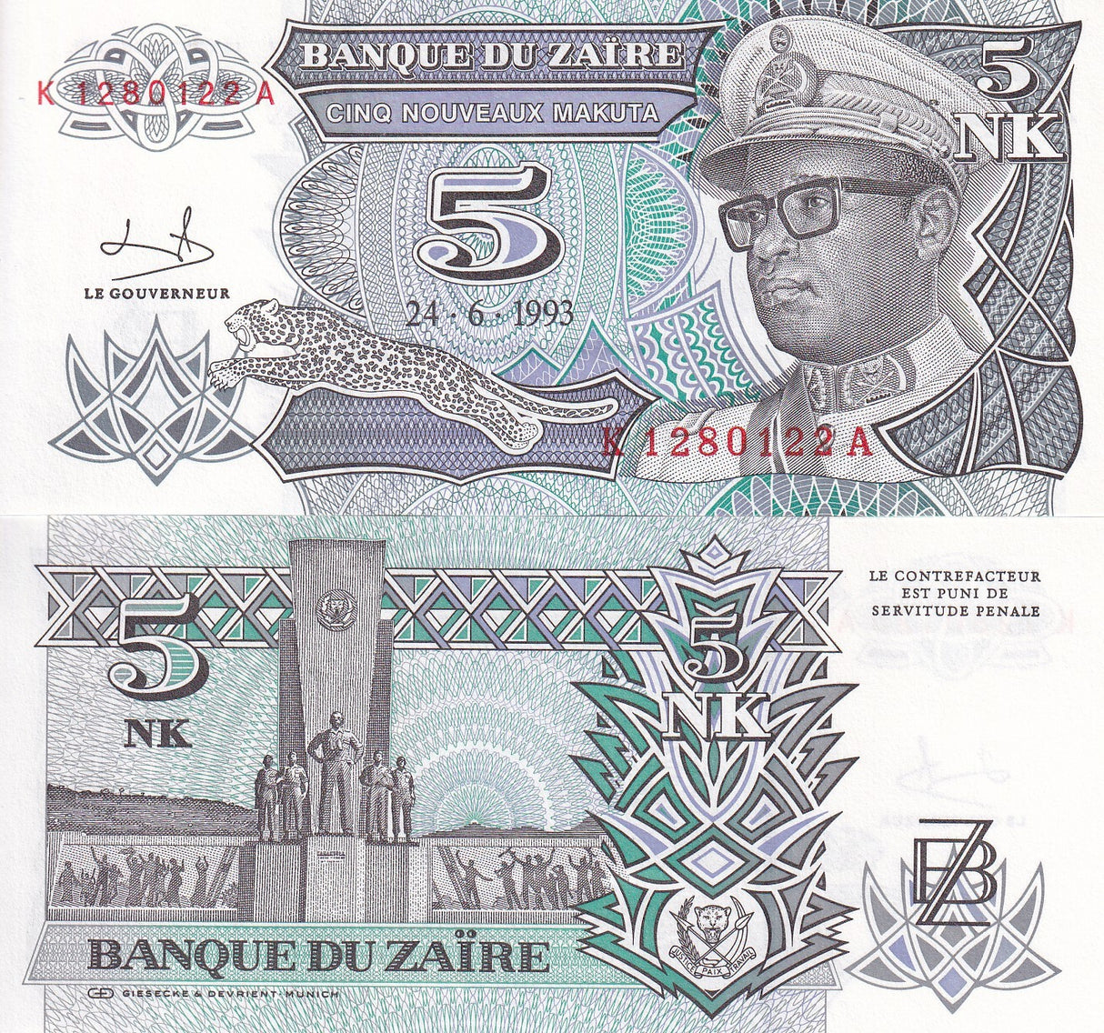 Zaire 5 Nouveaux Makuta 1993 P 48 UNC