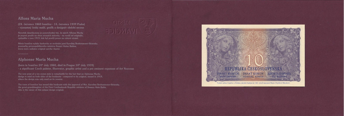 Czechoslovakia 10 Korun 1919/2020 Commemorative Official Reprint W/Folder UNC