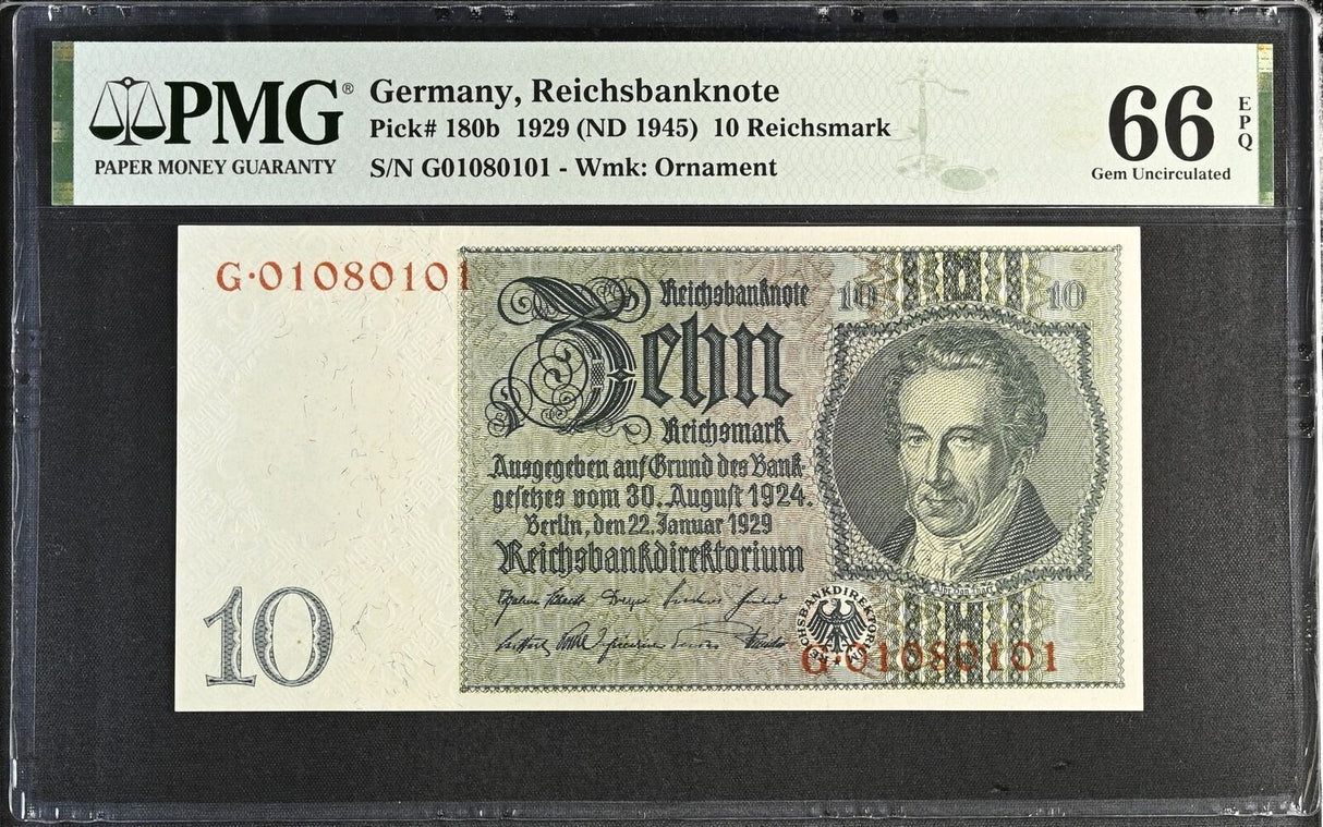 Germany 10 Rentenmark 1929 ND 1945 P 180 b Gem UNC PMG 66 EPQ