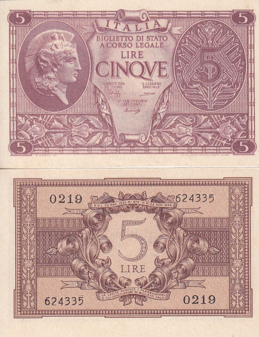 Italy 5 Lire 1944 P 31 b UNC ,Istituto Poligrafico dello Stato, Athena